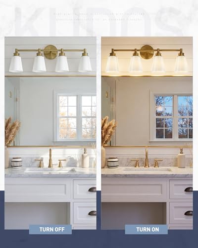 kudos 4-Light Brushed Gold Vanity Light, Milk White Glass Shade | 19" bathroom light fixtures over mirror, upward or downward, E26 base, bulbs not included, Hardwired, KDVL17-GD-ML-4 - size: 4-Light