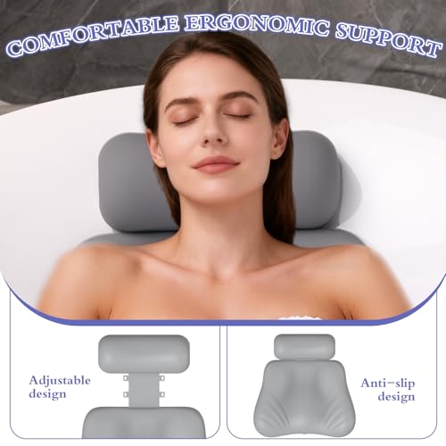 Silicone Bath Pillow, Upgraded Bath Pillows for Tub, Adjustable Height Bathtub Pillow for Head and Neck, 4D Luxury Tub Pillow Skin-Friendly Large Suction Cups Stability, Spa Relaxation-Grey