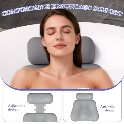 Silicone Bath Pillow, Upgraded Bath Pillows for Tub, Adjustable Height Bathtub Pillow for Head and Neck, 4D Luxury Tub Pillow Skin-Friendly Large Suction Cups Stability, Spa Relaxation-Grey
