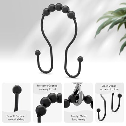 AmazerBath Shower Curtain Hooks Black Shower Curtain Rings, Metal Shower Curtain Hooks Rust Proof, Smooth Glide Double Shower Hooks Rings for Shower Curtain, Shower Rod Hooks 12Pcs - color: Black, style: Double Shower Hooks