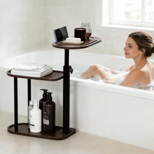 3 Layer Bathtub Tray Table,Bamboo Swivel Bathtub Side Table Height Adjustable,Freestanding Bathtub Tray for Tub Against Wall,Bathtub Accessories&Bathroom Organizer for Luxury Home Spa (Brown) - color: Brown