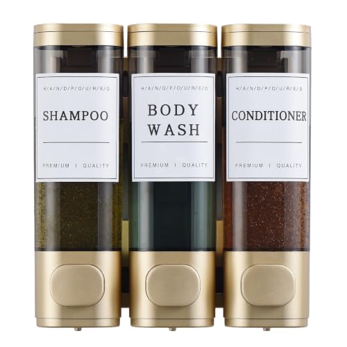 Shampoo and Conditioner Dispenser,Shower Soap Dispenser 3 Chamber No Drill Wall-Mounted for Bathroom & Hotel Leak-Proof Pumps, for Thick Liquids Like Conditioner - 1050ML High Capacity,Gold - color: Gold