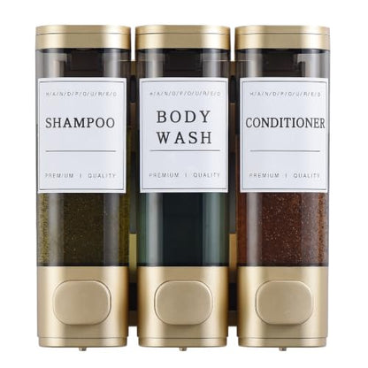 Shampoo and Conditioner Dispenser,Shower Soap Dispenser 3 Chamber No Drill Wall-Mounted for Bathroom & Hotel Leak-Proof Pumps, for Thick Liquids Like Conditioner - 1050ML High Capacity,Gold - color: Gold