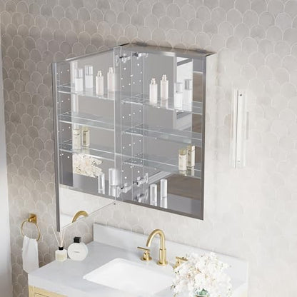 WELLFOR 20" x 32" Bathroom Medicine Cabinet, Anodized Chrome Aluminum Frame, Medicine Cabinet with Adjustable Glass Shelves, Bathroom Cabinet with Reverse Door Installation, Surface or Recessed Mount