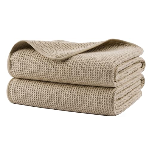 POLYTE 380 GSM Poly Blend Microfiber Quick Dry Waffle Bath Towel, 30x60 in | 2 Pack, Oversize, Lint Free, Body Towel - color: Beige