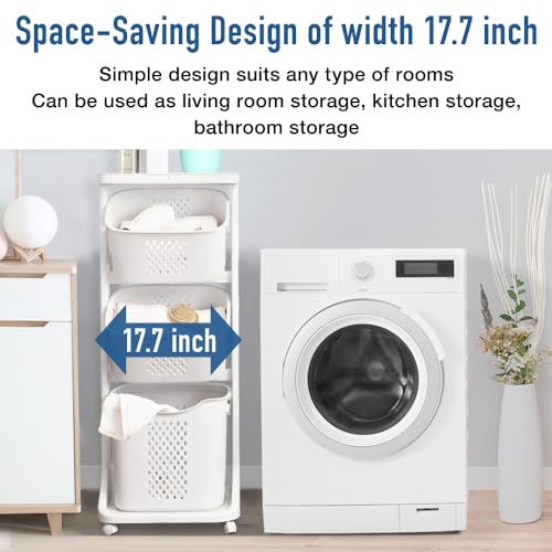 Japard Rolling Laundry Hamper Ultra Slim 22.9 Gal, 4 Sorter Vertical Stackable Baskets with Wheels for Small Space, Dorm, Closet, Bathroom, Easy Assembly White Gray - size: 4 Tier