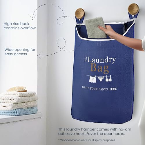 Fine Living Co. Large Hanging Laundry Hamper with Over Door Hooks & Adhesive, Durable Space Saving Laundry Bag with Zipper and Wide Open Top, Hanging Dorm Laundry Hamper (Navy Blue with Print-XL) | Hanging Dorm Laundry Hamper with Over Door Hooks & Adhesi