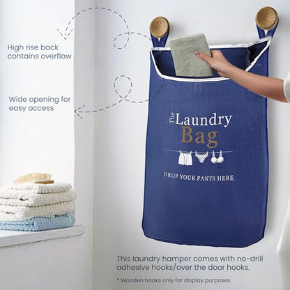 Fine Living Co. Large Hanging Laundry Hamper with Over Door Hooks & Adhesive, Durable Space Saving Laundry Bag with Zipper and Wide Open Top, Hanging Dorm Laundry Hamper (Navy Blue with Print-XL) | Hanging Dorm Laundry Hamper with Over Door Hooks & Adhesi