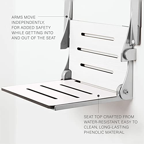 Seachrome Silhouette Comfort Folding Wall Mount Shower Bench Seat with Arms, White Seat with Silver Frame - color: White Seat With Silver Frame and Silver Arm Pads