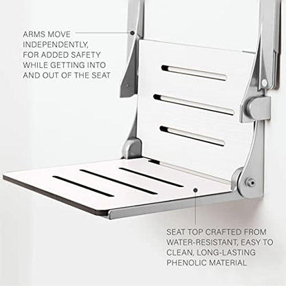 Seachrome Silhouette Comfort Folding Wall Mount Shower Bench Seat with Arms, White Seat with Silver Frame - color: White Seat With Silver Frame and Silver Arm Pads