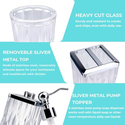 Clear Bathroom Accessories, Square Thick Glass & Metal Pump | Beautiful & weight, 5 pcs soap dispenser, toothbrush holder, soap dish, tumbler & jar, for mission/amish style - style: Square(Clear)