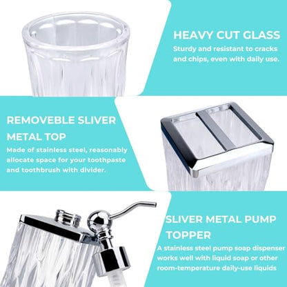 Clear Bathroom Accessories, Square Thick Glass & Metal Pump | Beautiful & weight, 5 pcs soap dispenser, toothbrush holder, soap dish, tumbler & jar, for mission/amish style - style: Square(Clear)