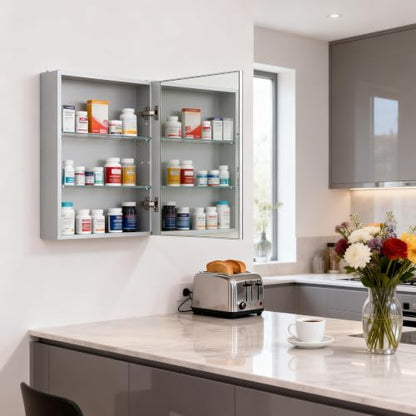 16"x 20"Bathroom Medicine Cabinet,Double-Sided Mirror Door | Silver Aluminium Frame,Lightweight,Sturdy and Attractive,Simple Wall-Mounted,Adjustable Shelves,Tempered Glass - size: 16"x 20"