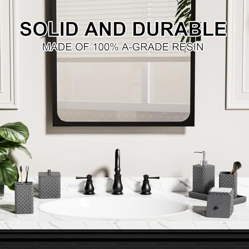 Bathroom Accessories Set Resin 6PCS, Square Toothbrush Holders Set Complete with Soap Dispenser, Vanity Tray, Tumbler, Cups and Cotton Swab Jars (Gray Diamond, Resin Bath 6 PCS) - color: Gray Diamond