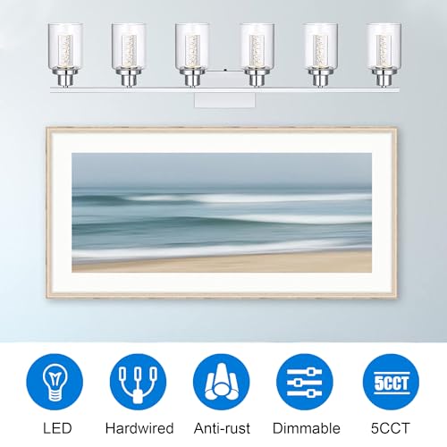 MELUCEE 6-Light LED Bathroom Vanity Light Chrome 5 Color Temperature | Dimmable Modern Vanity Lights Bathroom Light Bar Wall Sconce with Crystal Bubble Clear Glass Shade, Built-In LED Chips - color: Chrome, size: LED-6 Lights