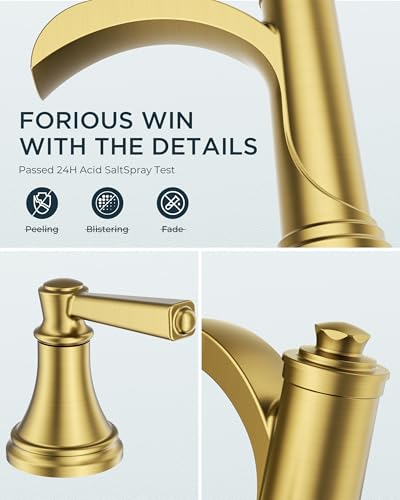 FORIOUS Brushed Gold Bathroom Faucet 3 Hole Widespread, Vanity Faucet Gold | Two Handle Antique Brass Waterfall Bathroom Faucet Gold 3 Hole with Metal Pop Up Drain, Pre-Assembled CUPC Hose and All Tools - color: Brushed Gold