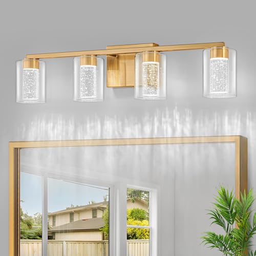 SineRise 4-Light Gold Vanity Light with 3 Color Modes (3000K/4000K/6000K), Eye Protection LED Bathroom Light Fixture, Dimmable Modern Wall Light Over Mirror with Clear Glass Shade - color: Gold, size: 4-light