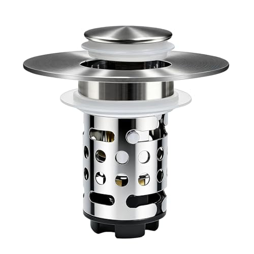 Upgraded 3 in 1 Bathroom Sink Drain Strainer, Universal Pop Up Stopper with Removable Stainless Steel Filter Basket Hair Catcher, Sink Plug for 1.1''~2.36'' Basin, Brushed Nickel Finish (1PC) - style: Brushed Nickel Finish (1PCS)