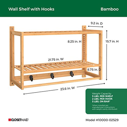 ClosetMaid Bamboo Wall Shelf with Towel Bar, 3 Hooks, Wall Mount Storage Shelves, 2 Tier, Organizer Rack, Natural Finish - style: 2-Tier
