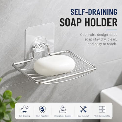 Bar Soap Holder for Shower Wall, Adhesive Stainless Steel Dish with Hooks, Rustproof Saver Tray for Bathroom Kitchen Sink, No Drilling Sponge Razor Storage Caddy, Square Drain Rack