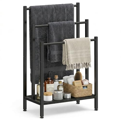 Freestanding Towel Rack, 3 Tier Metal Standing Towel Rack with Wooden Shelf, Blanket Holder and Bath Towel Drying Rack for Bathroom, Black - color: Black