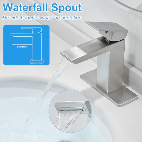 RUMOSE Bathroom Faucets 1 & 3 Hole Vanity Faucet with Drain Brushed Nickel | Single Handle Bathroom Sink Faucet Set Waterfall Spout Kit with Deck Plate Rv Lavatory Basin Faucet, Stainless Steel - color: Brushed Nickel