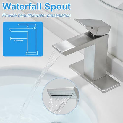 RUMOSE Bathroom Faucets 1 & 3 Hole Vanity Faucet with Drain Brushed Nickel | Single Handle Bathroom Sink Faucet Set Waterfall Spout Kit with Deck Plate Rv Lavatory Basin Faucet, Stainless Steel - color: Brushed Nickel