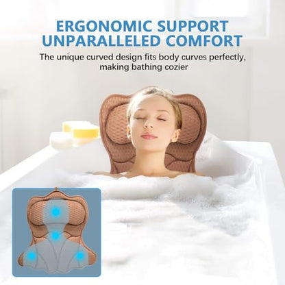 REEZEIVI Bath Pillows for Tub,Thick Neck Back Support Bathtub Cushion,Brown | 4D breathable body-fitting mesh, 6 strong anti-slip suction cups, machine washable & quick drying, durable for all bathtubs - color: Brown