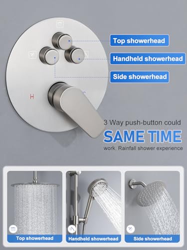 Woindo Shower Faucet Set with Slide Bar, 12" Rain Shower Head/8'' Side Shower Head and 10 Setting Handheld Ceiling Mount 3 Push Button Diverter Complete Rainfall Shower System Included Valve Trim Kit - color: Brushed Nickel, style: 12"-R-Ceiling-02
