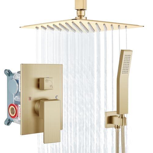 Aolemi Ceiling Shower Faucet with Handheld 10 Inch Head Brushed Gold | Shower Valve and Trim Kit,SUS304 Rain Head and Handle Set System,All Metal,Bathroom, Handheld Spray - color: Gold, size: 10 Inch Ceiling Shower Head