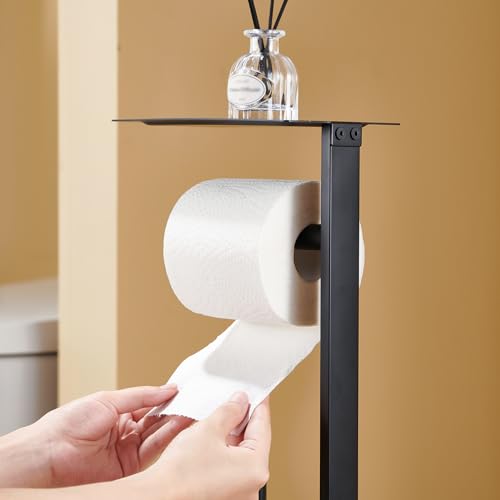 Freestanding Toilet Paper Holder Stand – Stainless Steel Bathroom Tissue Holder with Storage Tray & Roll Organizer, Square Design (Matte Black) - color: Matte Black