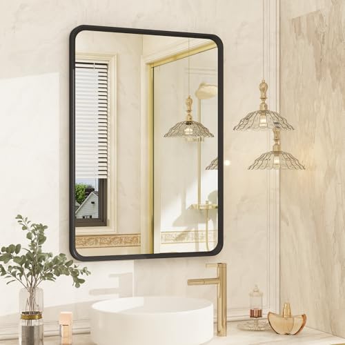 OKPAL 16X24 Inch Black Bathroom Mirror for Vanity, Matte Black Metal Framed Mirror, Rounded Rectangle Bathroom Mirror for Farmhouse, Anti-Rust, Beveled Border (Horizontal/Vertical) - color: Matte Black, size: 24"L x 16"W