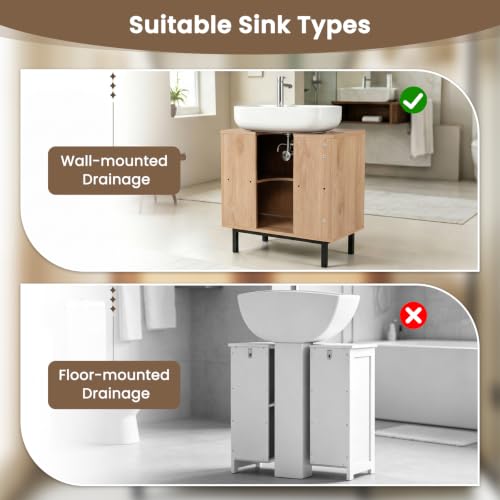 24-inch Pedestal Sink Storage Cabinet, Under Sink Cabinet (Natural) | U-Shaped Cut-Out | 2 Rattan Doors & Shelf | Solid Metal Legs - color: Natural