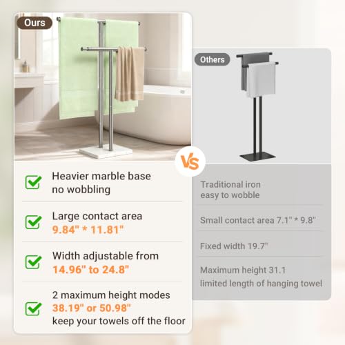 ELYKEN Standing Towel Rack for Bathroom, Adjustable 2-Tier Towel Stand | Weighted Marble Base, Brushed Stainless Steel, Freestanding Design, Holds Bath Towels, Rust Resistant, Ideal for Bathroom - size: 2 Tiers
