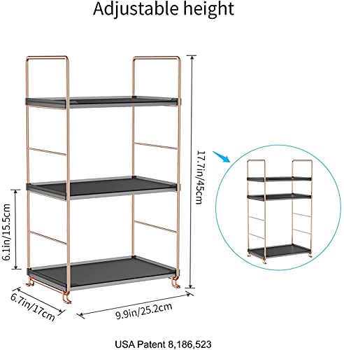 Plastic/Metal Freestanding Stackable Organizer Shelf,Bathroom Countertop Storage Shelf Cosmetic Organizer Holder Kitchen Spice Rack,3-Tier Standing Rack (Rose Gold@Black) - color: Rose Gold&black