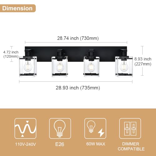 4-Light Bathroom Vanity Light Fixture, Modern Black Wall Lighting Over Mirror with Rectangular Clear Glass, E26 Bulb Base - color: Black, Clear Glass, size: 4-Lights