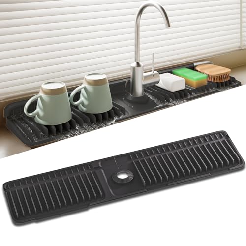 24 Inch Longer Silicone Faucet Mat, 7°Slope Fast Self-draining | Faucet Mat for Kitchen Sink, Silicone Sink Splash Guard, Fast Drying Tidy Faucet Mat Splash Guard - color: (Black, 24x5.6 Inches)