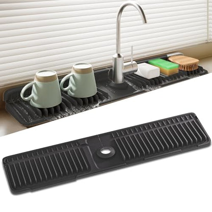24 Inch Longer Silicone Faucet Mat, 7°Slope Fast Self-draining | Faucet Mat for Kitchen Sink, Silicone Sink Splash Guard, Fast Drying Tidy Faucet Mat Splash Guard - color: (Black, 24x5.6 Inches)