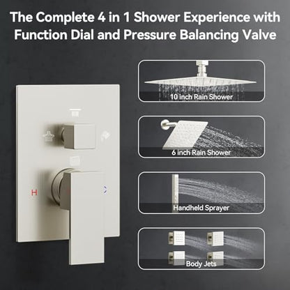 Shower System with Body Jets, Bostingner Four Modes Shower Faucet 12+6" Rain Shower Head with Handheld Spray 2 Ways, 4Pcs Shower Jets System in Wall Shower Faucet Sets Complete,Brushed Nickel - color: Brushed Nickel, size: 6+12 inch-02