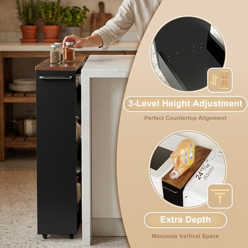 TEAMIX Wood 4-Tier Slim Rolling Storage Cart, 7.9"W, 24.8"D, 36.7"H, Black | Height Adjustable, 360°Swivel Wheels, Deeper & Taller, Use as Narrow Kitchen Cart, Laundry Organizer Between Washer & Dryer - color: Black