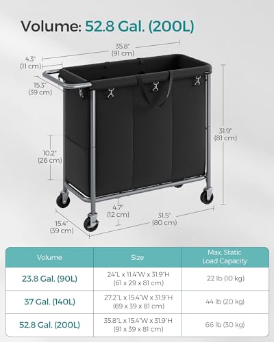 SONGMICS Laundry Basket with Wheels, 3-Section Rolling Laundry Hamper, 52.8 Gallons (200 L), Removable Liner, Steel Frame with Handle, 35.8 x 15.4 x 31.9 Inches, Ink Black URLS005B01 - color: Ink Black, size: 200 L (3-Section)