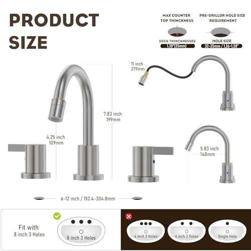 Pull Down Sprayer Brushed Nickel Widespread Bathroom Sink Faucet, 8 Inch 2 Handles 3 Hole Pull Out Bathroom Faucet,with Pop Up Drain and Water Supply Line,BF04022-K01-GBN - color: Brushed Nickel