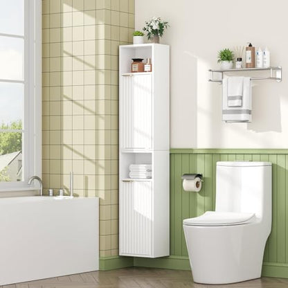 AKMAKM 59.1" Tall Slim Bathroom Storage Cabinet White | Freestanding or Wall Mounted Modular Cabinet, Fluted Panel Linen Tower with Adjustable Shelves for Small Spaces - color: White