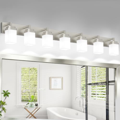 Brushed Nickel Bathroom Light Fixtures, Modern Vanity Lights with White Glass Lamp Shade, Bathroom Lighting Fixtures Over Mirror, Restroom Vanity Lighting Fixture, 7-Light 52 Inch - color: Nickel, size: 7-Light