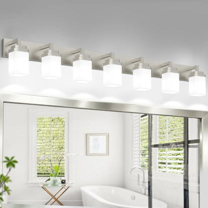 Brushed Nickel Bathroom Light Fixtures, Modern Vanity Lights with White Glass Lamp Shade, Bathroom Lighting Fixtures Over Mirror, Restroom Vanity Lighting Fixture, 7-Light 52 Inch - color: Nickel, size: 7-Light
