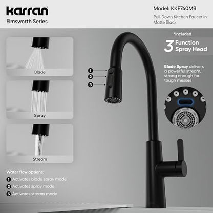 Karran Elmsworth Commercial Style Pull-Down Kitchen Faucet with Dual Interchangeable Spray Heads 5-Function Revolve MAX & 3-Function Revolve Mini Aerator High-Arc Spout (Matte Black) - color: Matte Black