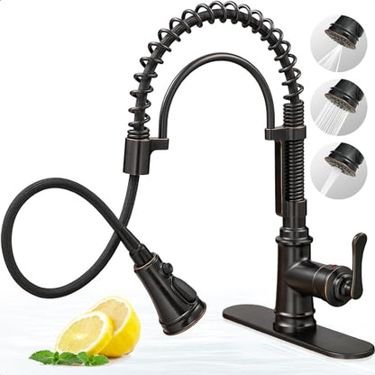 3 Modes Bronze Kitchen Faucet with Pull Down Sprayer, Single Hole Kitchen Sink Faucet 3 Hole, Stainless Steel High Arc Spring Style, 360 Degree Swivel with One Handle & Deck Plate for Farmhouse - color: Oil Rubbed Bronze - Antique