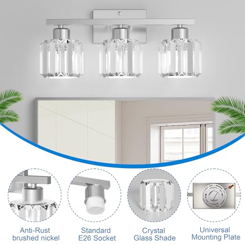 comzler 3-Light Bathroom Light Fixtures Over Mirror, Brushed Nickel Crystal Wall Sconce with E26 Base for Mirror Kitchen Living Room Bathroom, Round Crystal Shades (Bulbs Excluded) - size: Round