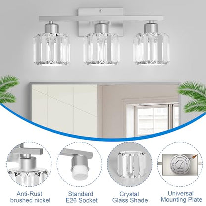 comzler 3-Light Bathroom Light Fixtures Over Mirror, Brushed Nickel Crystal Wall Sconce with E26 Base for Mirror Kitchen Living Room Bathroom, Round Crystal Shades (Bulbs Excluded) - size: Round