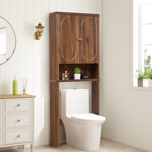 ORRD Fluted Over The Toilet Storage Cabinet, Bathroom Toilet Storage Cabinet with Door, Wood Curved Over The Toilet Space Saver Cabinets for Restroom Bathroom, Walnut